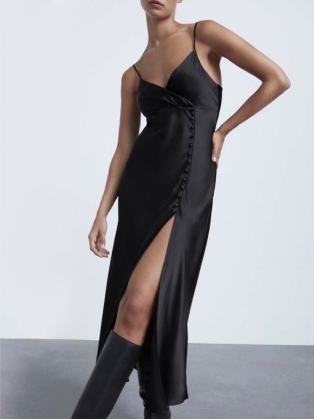 Zara Black Satin Midi Slip Dress with Side Button Detailing